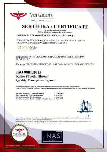 Gold Data ISO 9001:2015 Kalite Yönetim Sistemi Sertifikası 2026-2027
